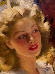 an oil painting of a woman with blonde hair and red lipstick on her lips, wearing a white dress