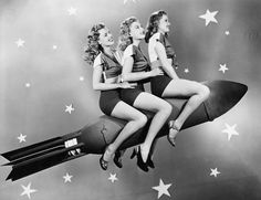 three women sitting on top of a rocket with the words lujo up to 50 % off