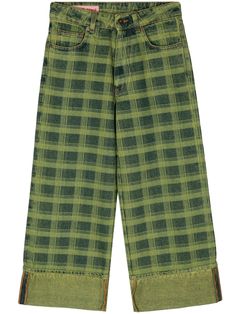 green cotton denim check print mid-rise wide leg rolled hem front button and zip fastening belt loops classic five pockets logo patch to the rear Green Fashion Aesthetic, Print Jeans, Yoko London, Versace Outfit, City Dress, Unique Clothing, Summer Beach Wear, Rolled Hem, Mode Inspiration