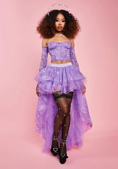 cuz no one can beat how bewitching you are. This corset top has a semi-sheer lace construction, flexible boning, underwire bust cups, off-the-shoulder sleeves with thumb holes, and hook-and-eye closures at back. Purple Tulle Skirt, Princess Corset, Lavender Skirt, Tulle Skirts Outfit, Purple Prom, Sassy Outfit, Fairy Clothes, Sugar Thrillz, Clothing Cute