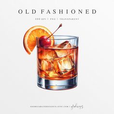 an old fashioned cocktail with orange slices and cherries on the rim, in front of a white background