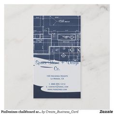 a blueprinted business card with a drawing of a building on it's side