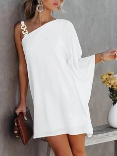 Batwing Sleeves Hollow Printed One-Shoulder Mini Dresses Loose Mini Dress, Casual White Dress, Women Office, Party Dress Long Sleeve, Summer Fashion Dresses, Statement Dress, Dresses Elegant, Vestido Casual, Mini Dresses