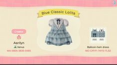 an animal crossing character's dress is shown in the game blue classic lollila