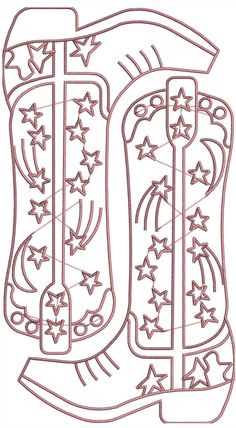 a drawing of a cowboy boot with stars and arrows on the side, in red ink