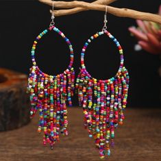 Gorgeous Boho Style Seed Bead Fringe Hoop Dangle Earrings In An Array Of Colors: Red, Pink, Purple, Blue, Green, Turquoise, Yellow, Orange, Black, Gold, White Surprisingly Lightweight! Nwt Bohemian Multicolor Hoop Earrings, Multicolor Wooden Beads Jewelry For Party, Colorful Bohemian Hoop Jewelry, Rainbow Beaded Bohemian Hoop Earrings, Bohemian Beaded Rainbow Hoop Earrings, Bohemian Rainbow Beaded Hoop Earrings, Colorful Bohemian Hoop Earrings For Festival, Summer Rainbow Jewelry With Dangling Beads, Multicolor Dangling Beads Hoop Earrings