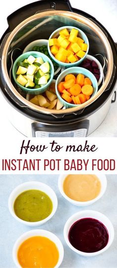 instant pot stage 1 baby food recipe in the slow cooker with four bowls filled with different sauces