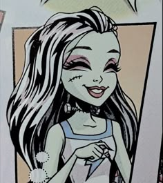 a drawing of a girl with long hair holding a purse and smiling at the camera