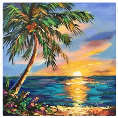 a painting of a palm tree on the beach at sunset by the ocean with bright colors