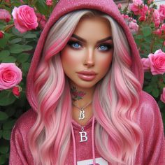 a barbie doll with pink hair and blue eyes wearing a hoodie in front of roses