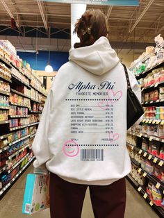 Soft, cute, and trendy, this Alpha Phi hoodie will quickly become your go-to cozy sweatshirt! Use the drop down to specify preference between white, ash, sand, light blue, carolina blue, or light pink. This design features a list of memories for your sorority, including bid day, big little reveal, and more! This sweatshirt also includes sorority established year, with all writing printed with a dark navy blue color featuring pink hearts.  LISTING IS FOR ALPHA PHI. Please be sure you are ordering Typography Hoodie Design, Hoodie Branding Ideas, Graphic Design For Hoodies, Unique Hoodies Design, White Hoodie Aesthetic, Cool Hoodie Designs, White Hoodie Design, Hoodie Back Design, Sweat Aesthetic