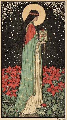 an illustration of a woman holding a box in her hand with poinsettis around her