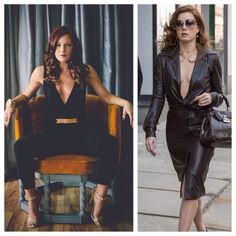 two pictures of women in leather outfits one is wearing a black dress and the other has a brown purse