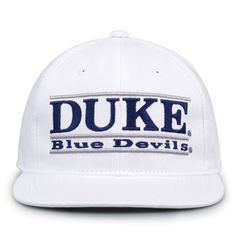 Duke Hat White Hat With Letter Patch For Streetwear, White Letter Patch Hat For Streetwear, White Streetwear Hat With Letter Patch, White Flat Bill Fitted Hat For Sports Events, White Trucker Hat For College, Retro White Six-panel Baseball Cap, Classic White Fitted Baseball Hat, Classic White Fitted Hat For Baseball Season, White Flat Brim Fitted Hat For Baseball Season