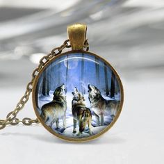 Wolf Necklace Howling Wolves Animal Jewelry Full Moon Art Pendant in Bronze or Silver with Link Chai Wolf Design Round Jewelry Gift, Round Wolf Design Jewelry Gift, Fantasy Round Necklace As Gift, Fantasy Round Necklace For Gift, Fantasy Style Round Necklace For Gift, Full Moon Art, Howling Wolves, Art Wolf, Wolves Pendants