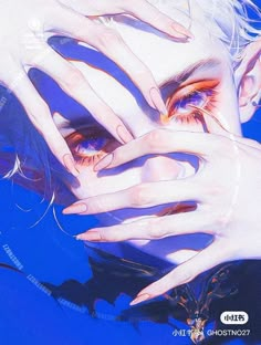 a woman's face with her hands on her face, and the image is painted in blue