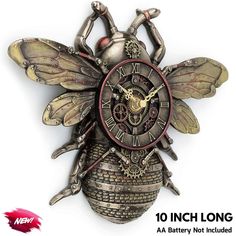 a metal clock with a bee on it's face