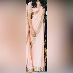 Beautiful Indian Saree In Blush Pink With Gold Border Comes With Blouse Some Blue Discoloration On Bottom Of Blouse - See Pic Pink Saree With Golden Blouse, Luxury Pink Pre-draped Saree With Border, Pink Bohemian Semi-stitched Saree, Bohemian Pink Pre-draped Saree, Pink Saree With Golden Border, Indian Saree, Gold Border, Indian Sarees, Pink Gold