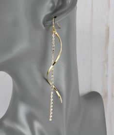 "-Gold tone twist dangle earrings with a crystal chain -These earrings are lightweight so they don't pull down on your ear lobes. -Each earring is about 3.75\" long (including ear wire) -lightweight so they don't pull down your ear lobe. -LIGHTWEIGHT: each earring weighs about 2 grams ( a dime weighs 2 grams)" Bridesmaid Updo, Twist Earrings, Shoulder Duster Earrings, Duster Earrings, Side Kick, College Outfit, Thigh Fat, Ear Candy, Oval Earring