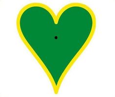 a green and yellow heart with a black dot in the center on a white background