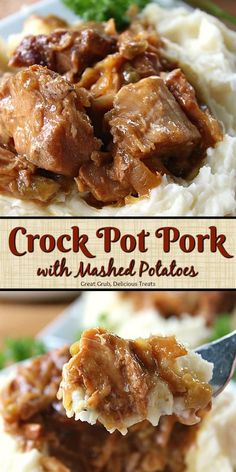 the crock pot pork with mashed potatoes is on a plate and has a fork in it