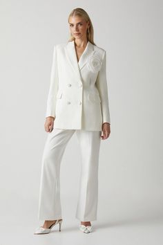 Corsage Double Breasted Bridal Blazer Women White Suit, Bridal Blazer, Floral Corsage, Evening Trousers, Trendy Date Night Outfit, Date Night Outfit Ideas, Night Outfit Ideas, White Suit, Sequin Outfit