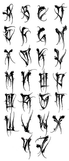 Cool Tattoo Fonts Lettering Alfabeto Tattoo, Dark Calligraphy Alphabet, Dark Font Tattoo, Alphabet Tattoo Design Lettering Styles, Gothic Font Tattoos For Women, Metal Font Tattoo, Dark Calligraphy Tattoo, Dark Lettering Tattoo Fonts, Creepy Lettering