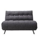 a gray couch with metal legs and buttons on it's back end, against a white background