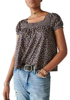 Dainty floral prints add a charming and refined touch to this lovely top from Lucky Brand. Style it with your choice of jeans for a delightfully casual look. | Lucky Brand Women's Ditsy Floral Peasant Top, XS Casual Peasant Top With Floral Print And Short Sleeves, Fitted Casual Peasant Top With Floral Print, Casual Fitted Floral Print Peasant Top, Fitted Floral Print Casual Peasant Top, Casual Ditsy Floral Print Tops For Fall, Floral Peasant Top, Lovely Tops, Brand Style, Peasant Top