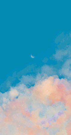 the sky is filled with clouds and a half moon