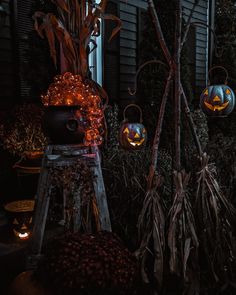 some pumpkins are lit up in the dark