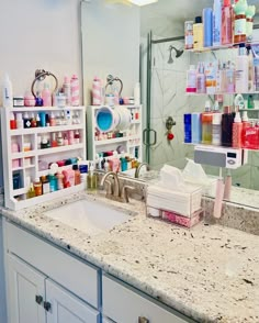 a bathroom counter top with lots of bottles on it and a sink in front of the mirror