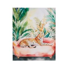 a watercolor painting of a cheetah laying on a pink couch surrounded by tropical plants