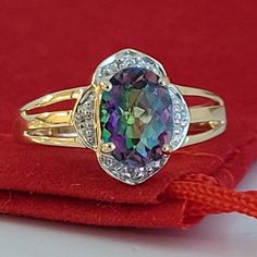 Cute Mystic Topaz And Genuine Diamonds Ring Size 5 Elegant Multicolor Jewelry With Center Stone, Elegant Oval Rainbow Rings, Elegant Rainbow Ring Jewelry, Elegant Rainbow Colored Ring Jewelry, Elegant Iridescent Rings For Formal Occasions, Elegant Rainbow Colored Ring, Elegant Iridescent Rings With Accent Stones, Elegant Rainbow Jewelry For Anniversary, Elegant Rainbow Jewelry For Formal Occasions