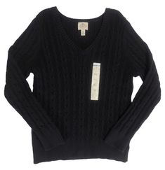 St. Johns Bay Long Sleeve V Neck Classic Cable Sweater Stretch Petite Black. Size PXL. MEASUREMENTS pit to pit - 19 inch shoulder to sleeve- 24.5 inch length- 25.5 inch Weight- 15oz Condition: Brand new with tags.  Before buying, please kindly check the item description and pictures carefully to confirm the item condition. Content includes what's photographed only. We try our best to provide pertinent information and photos and measure approximately at the time of listing. If we've missed someth Cheap Black V-neck Sweater For Winter, Blqck Sweater, Twilight Shifting, Shifting Closet, Long Black Sweater, Black V Neck Sweater, Back To School Fashion, Black Long Sleeve Sweater, Tight Sweater