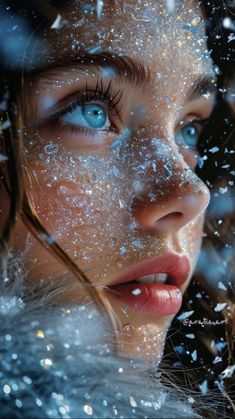 a woman with blue eyes and snow on her face