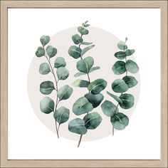 a watercolor painting of green leaves on a white background in a wooden framed frame