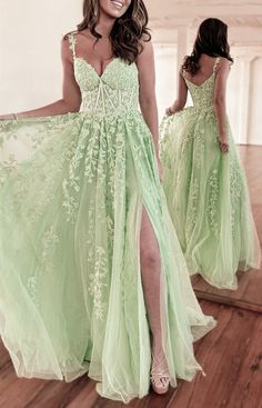 Elegant Sage Green A-line Tulle Prom Dress, Lace Embroidery V-neck Leg Slit Sage Green A Line Dress, Light Green Prom Dress Long, Prom Dresses Light Green, Pastel Green Prom Dress, Light Green Prom Dresses, Light Green Prom Dress, Sage Green Prom Dress, Dark Green Prom Dress, Green Prom Dress Long