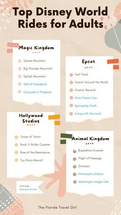 the top disney world rides for adults are shown in this info sheet, which includes information about each ride