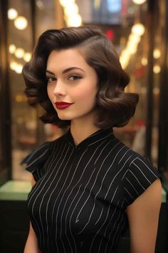 A vintage hairstyle redefined for a modern look. This stunning hairstyle takes inspiration from classic Hollywood glamour and adds a contemporary twist. The soft waves and deep side part create a timeless elegance, while the addition of subtle highlights adds a modern touch. Whether you're attending a special event or simply want to elevate your everyday style, this vintage hairstyle is sure to turn heads. #vintageglamour #modernhairstyle #timelessbeauty #hairstyleinspiration Vintage Formal Hairstyles Short, Wedding Hairstyles Medium Length Vintage Hollywood Glamour, Hollywood Glam Hairstyles For Short Hair, Elegant Glamour Style, Short Glamour Hair, Short Vintage Wedding Hairstyles, Makeup To Wear With A Red Dress, Vintage Dress Elegant, Short Hair Vintage Waves