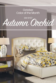 an image of a bedroom setting with the color of the month autumn orchid