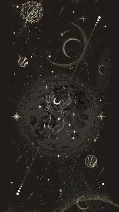 an image of a deer in the sky with stars and planets around it on a black background