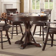 an image of a dining room setting with bar stools and round table in the middle