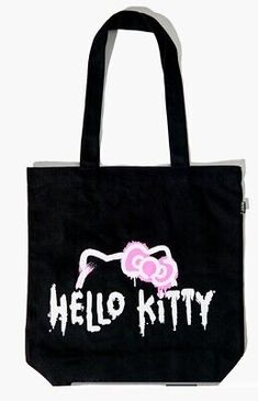 a black hello kitty tote bag with the word hello kitty painted on it