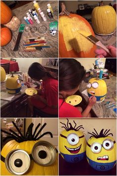 the process of making minion pumpkins is shown in several different pictures, including one being