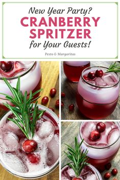 cranberry spritzer with rosemary garnish in it and the text, new year party? cranberry spritzer for your guests