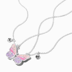 Show off your bestie love with this best friend necklace set. It includes two pendant necklaces that share a split butterfly design. Each side is decorated with a "BFF" charm and changes colors when exposed to sunlight. Pack Size: 2 Finish: Silver-tone Length: 16 + 3 in. extender / 40.64 + 7.62 cm. extender Closure: Lobster clasp Material: Metal - Claire's Best Friends UV Color-Changing Split Butterfly Pendant Necklaces - 2 Pack Trendy Silver Necklace For Best Friend Gift, Trendy Silver Necklace For Best Friend, Cute Silver Charm Necklaces For Friendship, Adjustable Butterfly Charm Jewelry For Friendship, Cute Adjustable Charm Necklace For Friendship, Adjustable Cute Charm Necklaces For Friendship, Cute Adjustable Charm Necklaces For Friendship, Adjustable Jewelry With Butterfly Charm For Friendship, Adjustable Charm Necklaces For Friendship