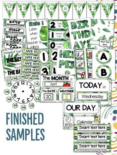 a bunch of green and white printables with the words finished samples on them