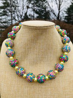 Chunky Rhinestone Sparkle Beaded Necklace / Hot Pink Yellow Blue Clear Green / Big Beaded Statement Multicolor Pearl Beaded Necklaces For Parties, Bling Round Beads Necklace For Gift, Gift Bling Round Beads Necklaces, Gift Round Beads Bling Necklace, Gift Necklaces With Bling And Round Beads, Party Beaded Necklaces With Rhinestones And Round Beads, Multicolor Round Beads Pearl Necklace For Parties, Multicolor Round Beads Jewelry With Rhinestones, Party Large Beads Round Beaded Necklaces