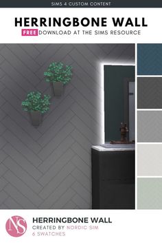 the herringbone wall is shown with different colors and patterns, including green plants in vases